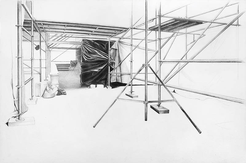 Dessin de Virginie Piotrowski "Le chantier I", vue de l'exposition "Architectures potentielles" à la Ferme de la Chapelle