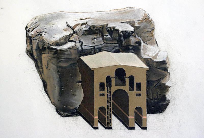 Dessin au fusain de Guillaume Estoppey "Badlands", vue de l'exposition "Architectures utopiques" à la Ferme de la Chapelle