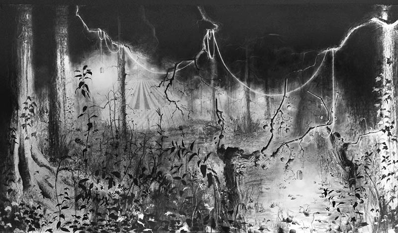 Dessin au fusain, encre et graphite sur papier fusain, encre et graphite sur papier de Christine Boillat "Silent circus", vue de l'exposition "Autres réalités" à la Ferme de la Chapelle