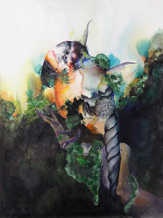 Peinture à l'aquarelle d'Isabelle Ménéan, vue de l'exposition "Autres réalités" à la Ferme de la Chapelle