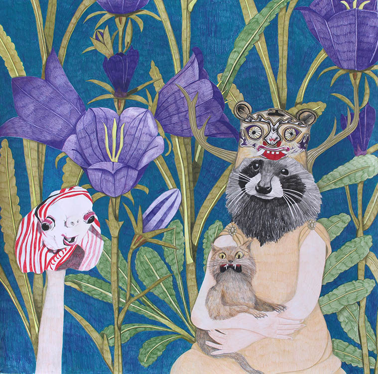 Dessin de Lucie Kohler "J’aurais adoré être exploratrice le rituel", vue de l'exposition "Zoomorphismes" à la Ferme de la Chapelle
