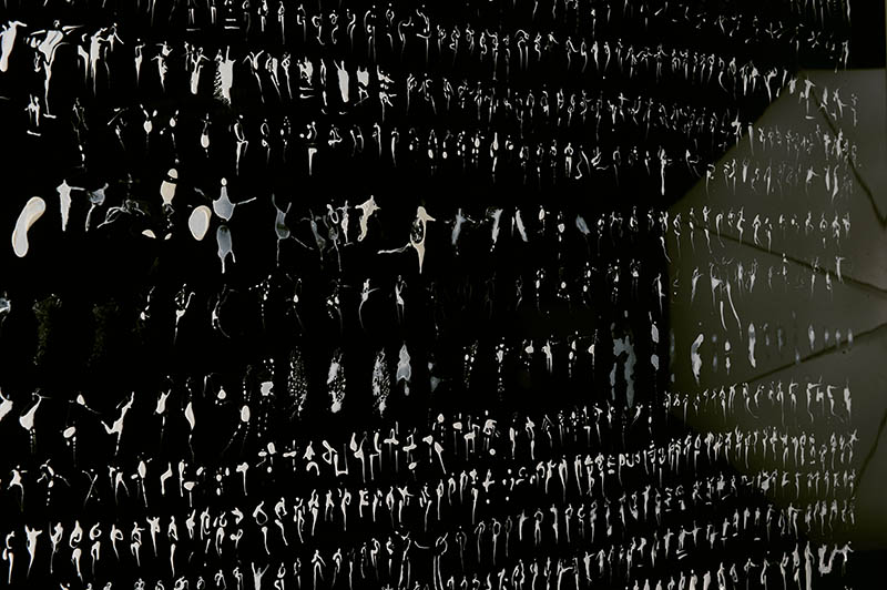 Vernis sur dibond noir de Gianluigi Maria Masucci "Lo schiudersi del bozzolo", vue de l'exposition "Écriture du mouvement" à la Ferme de la Chapelle
