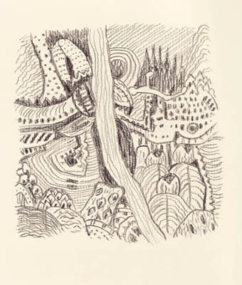 Dessin de Ronald Juliet, vue de l'exposition "Frontières oniriques" à la Ferme de la Chapelle