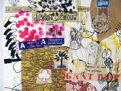 Collage de Pascale Castella, vue de l'exposition "Frontières oniriques" à la Ferme de la Chapelle