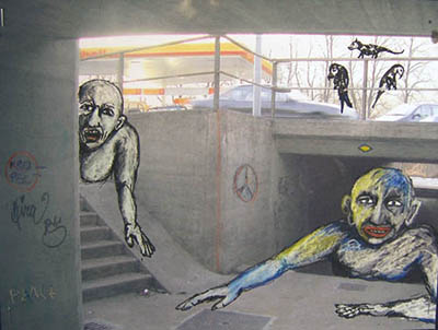 Peintures de Nando Snozzi, vue de l'exposition "Les contes dénaturés par le je narrateur" à la Ferme de la Chapelle