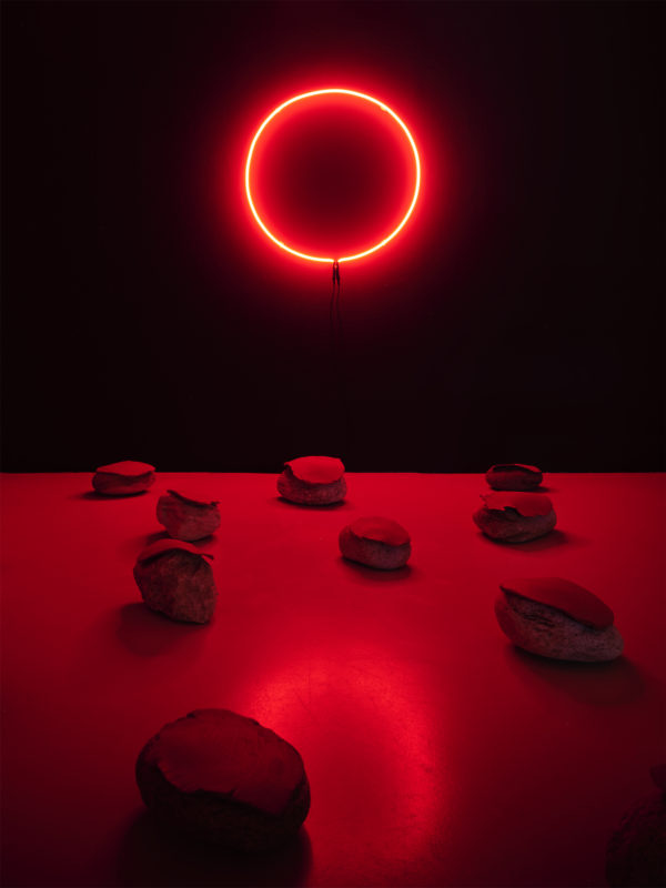 Installation de Karim Forlin "Pietra sangue (d’après Fabio Pusterla)", vue de l'exposition "Pétrichor" à la Ferme de la Chapelle