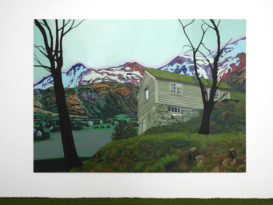 Peinture de de Sylvie Lambert, "Chalet n°5", vue de l'exposition "Synthèse d'une nature" à la Ferme de la Chapelle