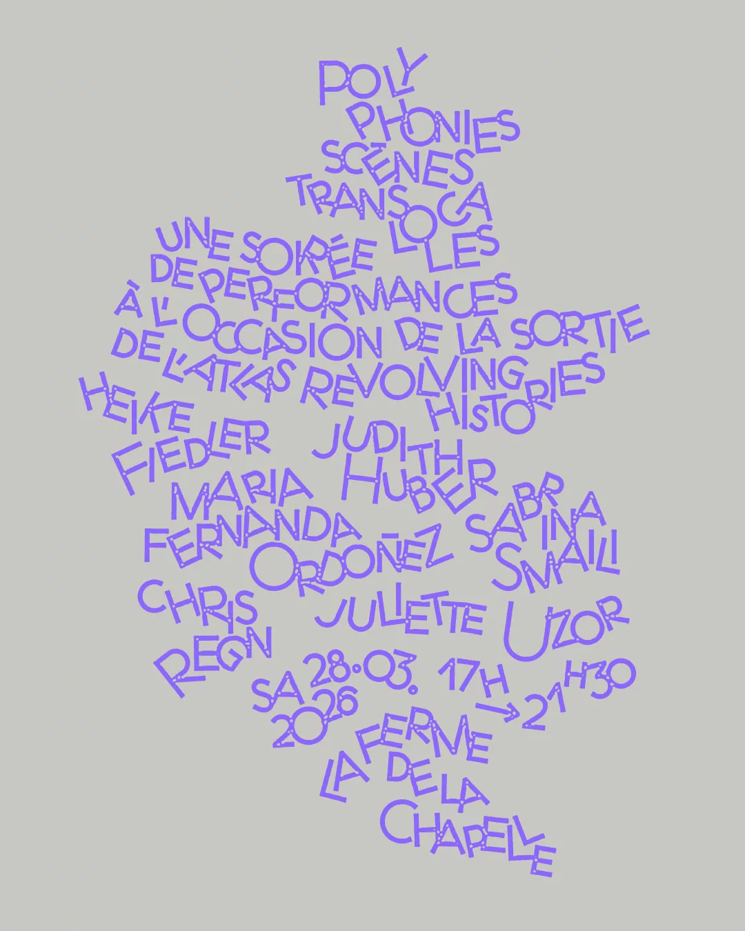 Visuel vertical pour la soirée de performances Polyphonies, scènes translocales à la Ferme de la Chapelle